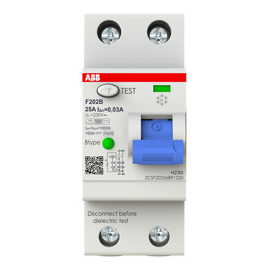 ABB F202B-25/0,03 FI-Schutzschalter Typ B 2P, 25A, 30mA, 3kA, 2TE