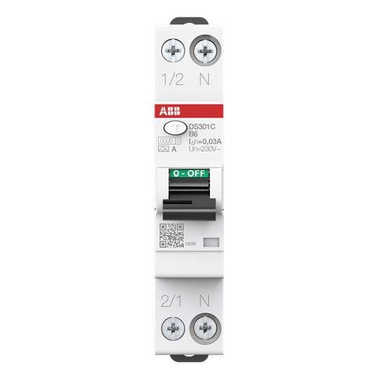 ABB DS301CA-B6/0,03 FI/LS-Schalter 6kA, 1P+N, Typ A, B6, 30mA 1 Teilungseinheit