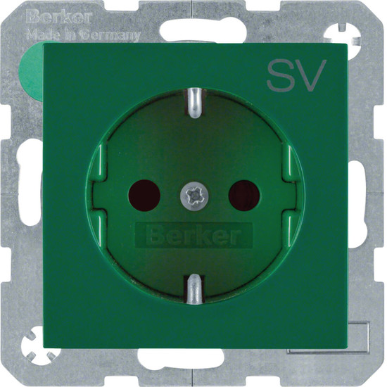 Berker 47238903 Steckdose Schuko mit Aufdruck SV. erh. Berührungsschutz. S.x/B.x. grün gl.