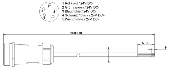 Deko-Light Weipu HQ 12/24/48V Einspeisekabel 5-polig 5000mm, IP67 940031