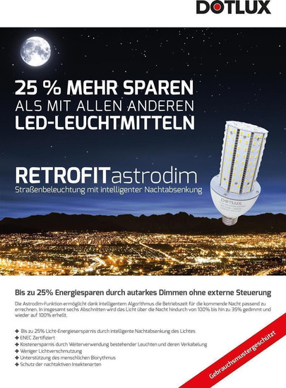 Dotlux 3082-027270T LED-Straßenlampe RETROFITastrodim E27 18 Watt warmweiß 135 SMD 2835 LED's einseitig abstrahlend 270°