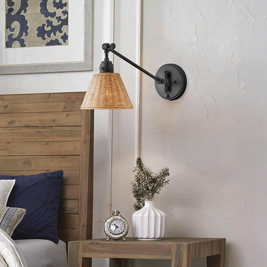 Elstead Arti  Wandleuchte E27 Schwarz, Rattan Schirm Schwarz und Rattan natur
