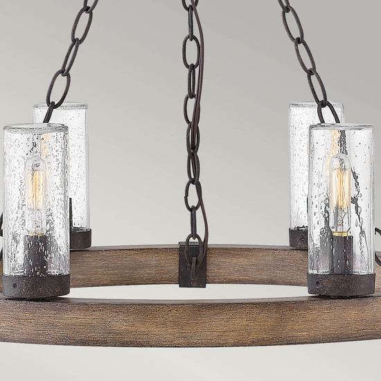 Elstead Sawyer Außen-Kronleuchter E14 6-fach Sequoia-Holzoptik mit rostfarbenen Eisenakzenten und klarem Glas mit Sprenkeln Glas mit Luftbläschen IP44