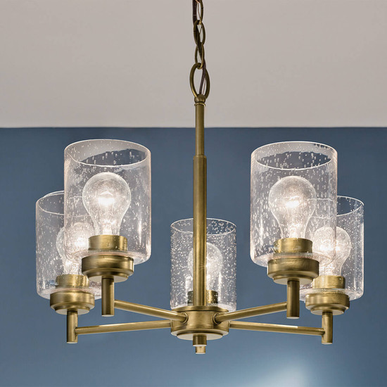 Elstead Winslow Kronleuchter E27 5-fach Naturmessing Glas mit Luftbläschen