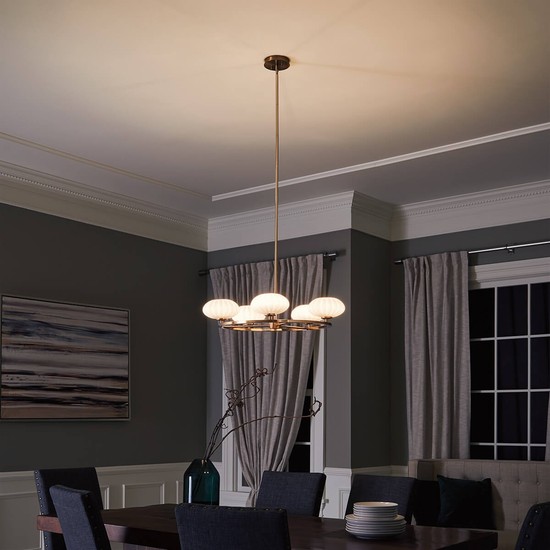 Elstead Pim LED Kronleuchter G9 5-fach Fuchs-Gold Satinierter, ummantelter Opal IP44