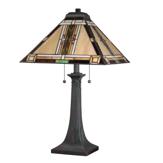 Elstead Navajo Tischlampe E27 2-fach Bronze und Kunstglas-Schirm Tiffanyglas