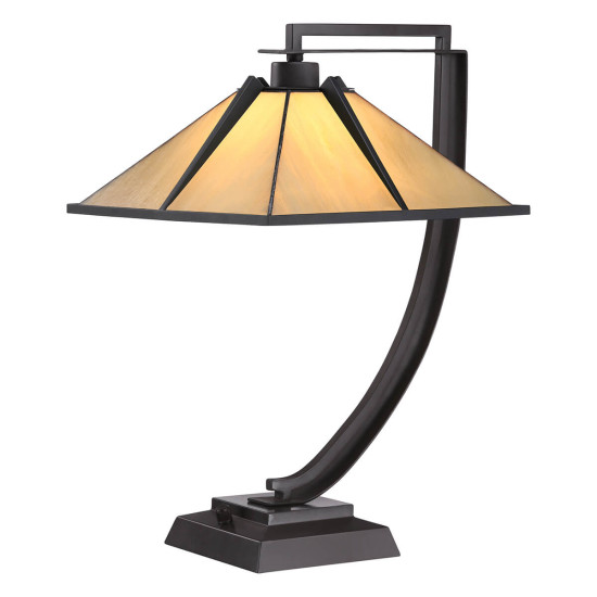 Elstead Pomeroy Tischlampe E27 Western Bronze mit Kunstglas Schirm Tiffanyglas