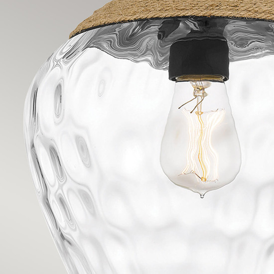 Elstead Royer Pendelleuchte E27 Mattschwarz mit Naturseil und Schirm aus mungeblasenem Glas Stahl, Glas klar