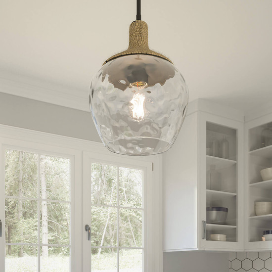 Elstead Royer Pendelleuchte E27 Mattschwarz mit Naturseil und Schirm aus mungeblasenem Glas Stahl, Glas klar