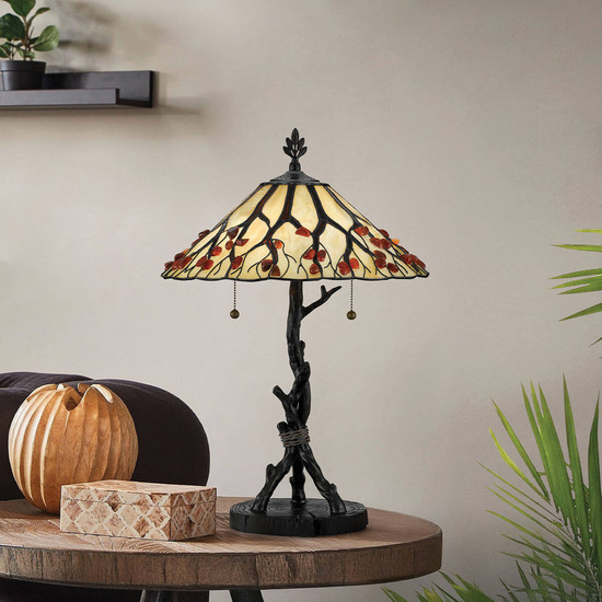 Elstead Whispering Tischlampe E27 2-fach Valiant Bronze und Kunstglas-Schirm Tiffanyglas cremeweiß