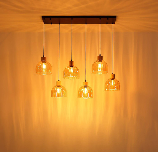 Globo Pendelleuchte Swanson 6-flammig E27 Schwarz matt amber Metall Glas 130x105cm