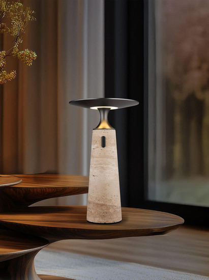 Globo Travertin LED Tischleuchte 3W Warmweiß Grau, Travertine Stein Memoryfunktion Ø20cm 21051