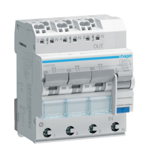 Hager ADZ316D Fehlerstrom-Leitungsschutzschalter 3X 1PN 6kA B-16A 30mA Typ A QuickConnect