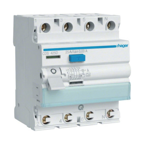 Hager CDS425D Fehlerstromschutzschalter 4 polig 6kA 25A 30mA Typ A QuickConnect