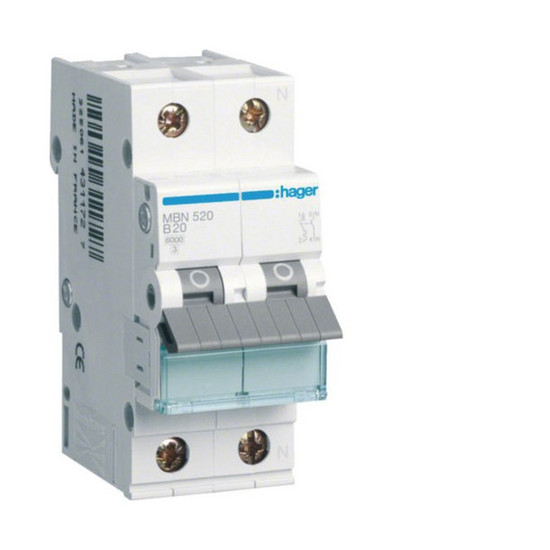 Hager MBN520 Leitungsschutzschalter 1PN 6kA B-Charakteristik 20A 2 Module