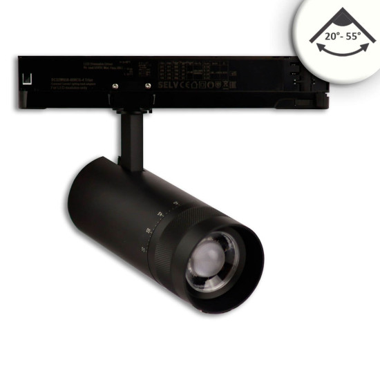 ISOLED 3-PH Schienen-Strahler fokussierbar, 24W, 20°-55°, schwarz matt, 4000K, dimmbar