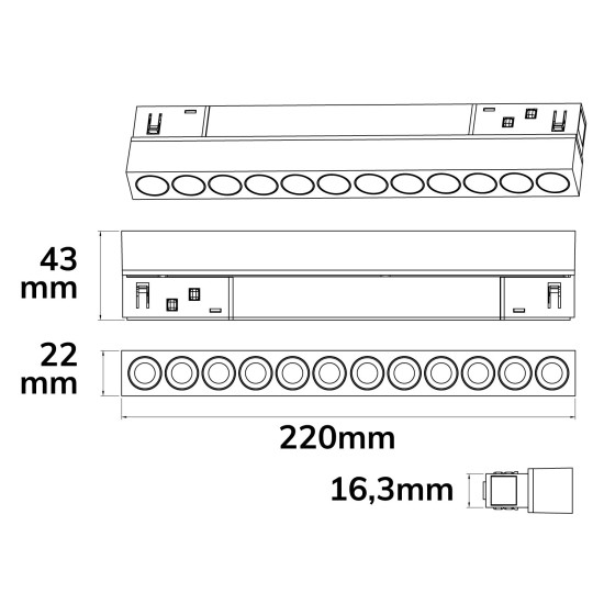 ISOLED Track48 Rasterleuchte 22cm schwarz, 12W, 36°, UGR<19, 48V DC, 3000K, CRI90