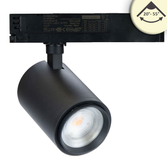 ISOLED 3-Phasen Schienen-Strahler fokussierbar, 42W, 20°-70°, schwarz matt, 3000K, CRI92, dimmbar