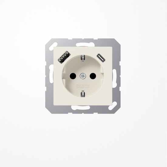 Jung A1520-15CA SCHUKO-Steckdose 16 A, mit USB-Ladegerät 1xTyp A + 1xTyp C, SAFETY+, Serie AS, weiß