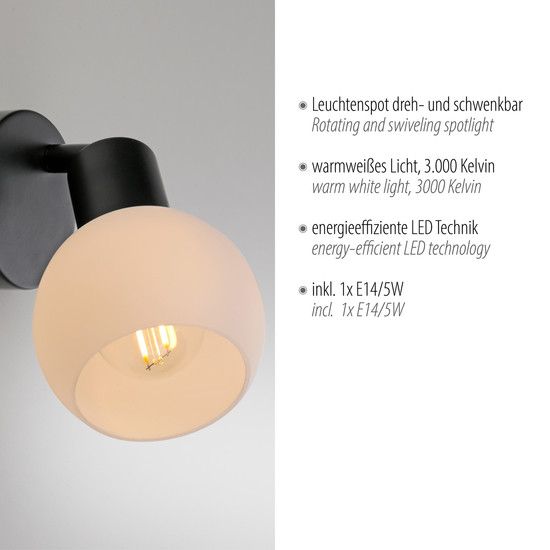 JUST LIGHT LOKI Wand- und Deckenleuchte E14 Warmweiss max.5W schwarz 12150-18
