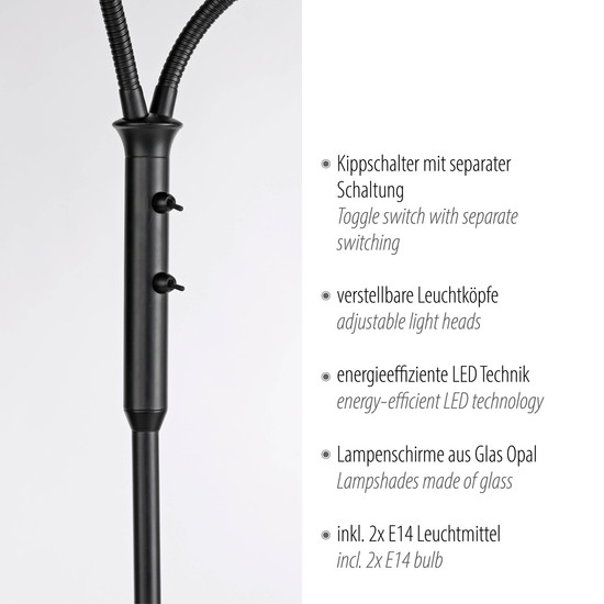 JUST LIGHT LOKI Stehleuchte E14 Warmweiss max.10W 2-fach schwarz 12158-18