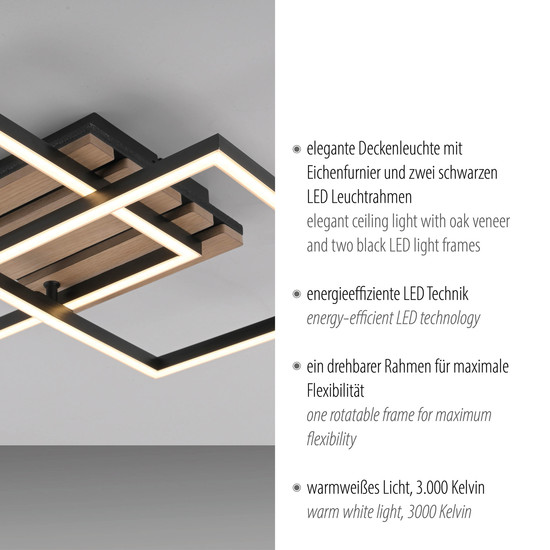 JUST LIGHT AKUSTIKA LED Deckenleuchte Warmweiss 15W Holz-natur 14053-79