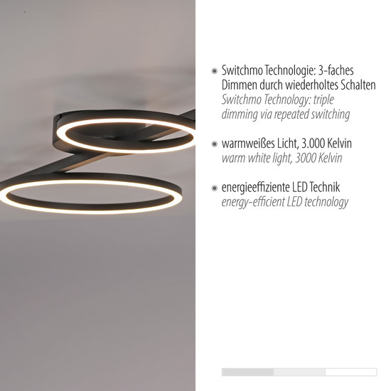 JUST LIGHT MINI RITUS LED Deckenleuchte Warmweiss Dimmbar 36W schwarz 14211-18