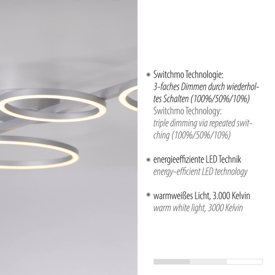 JUST LIGHT MINI RITUS LED Deckenleuchte Warmweiss Dimmbar 36W silber 14211-21