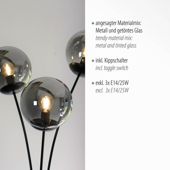 JUST LIGHT BIG WIDOW Stehleuchte E14 max. 25W 3-fach schwarz 14603-18