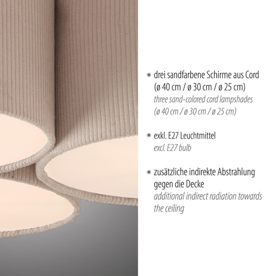 JUST LIGHT DURO Deckenleuchte E27 max. 10W 3-fach sand 14890-39