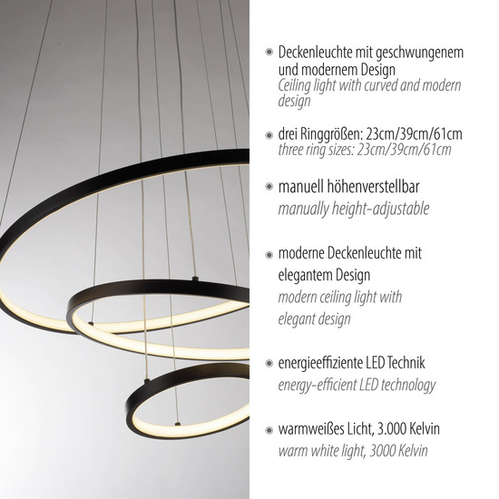 JUST LIGHT CERCHI LED Pendelleuchte Warmweiss 45W schwarz 15070-18