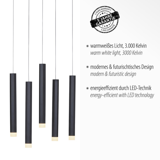 JUST LIGHT BRUNO LED Pendelleuchte Warmweiss 48W 10-fach schwarz 15206-18