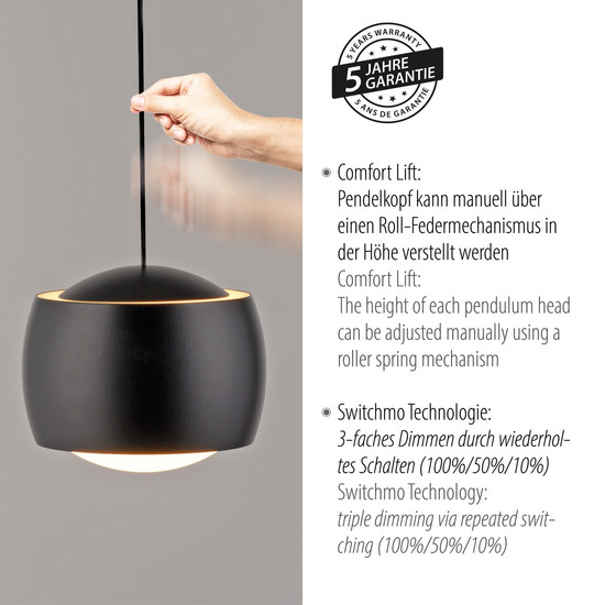 JUST LIGHT BALLINI LED Pendelleuchte Warmweiss Dimmbar 15,6W 3-fach schwarz 15261-18