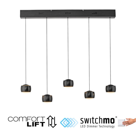 JUST LIGHT BALLINI LED Pendelleuchte Warmweiss Dimmbar 26W 5-fach schwarz 15262-18