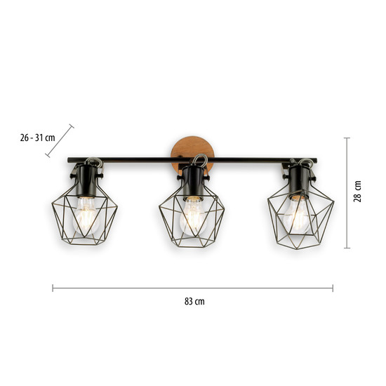 JUST LIGHT JARO Wand- und Deckenleuchte E27 max. 60W 3-fach Holz-natur 15673-78
