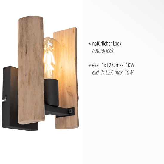 JUST LIGHT LOG Wandleuchte E27 max. 10W Holz-natur 15701-79