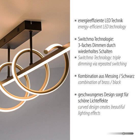 JUST LIGHT EMANDA LED Deckenleuchte Warmweiss Dimmbar 36W schwarz/messing 19112-68