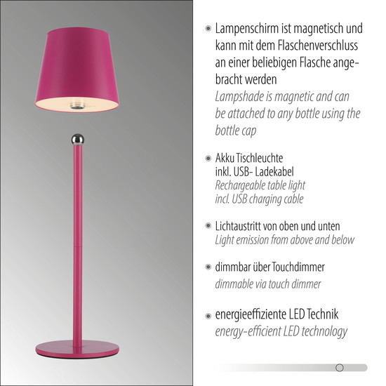 JUST LIGHT BOTERIA LED AKKU-Tischleuchte Warmweiss Dimmbar 2,5W pink IP54 19251-87