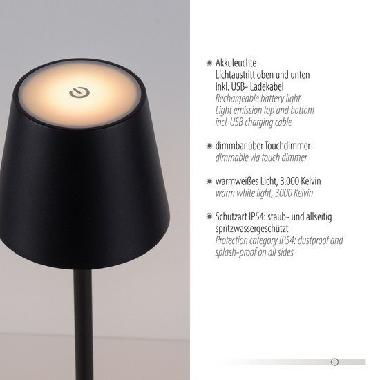 JUST LIGHT EURIA LED AKKU-Stehleuchte Warmweiss Dimmbar 2,5W schwarz IP54 19252-18