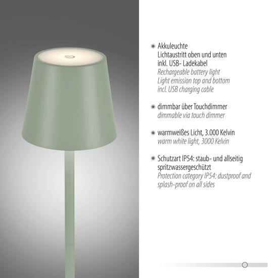 JUST LIGHT EURIA LED AKKU-Stehleuchte Warmweiss Dimmbar 2,5W grün IP54 19252-43