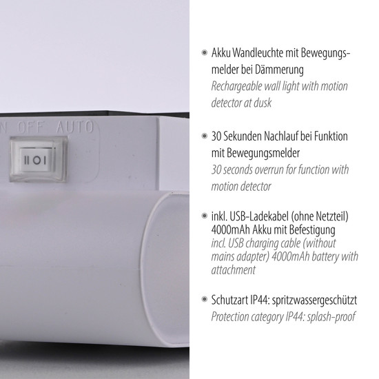 JUST LIGHT AKKU ZIDDY LED AKKU-Wandleuchte Warmweiss 3W 2-fach weiss IP44 19475-16