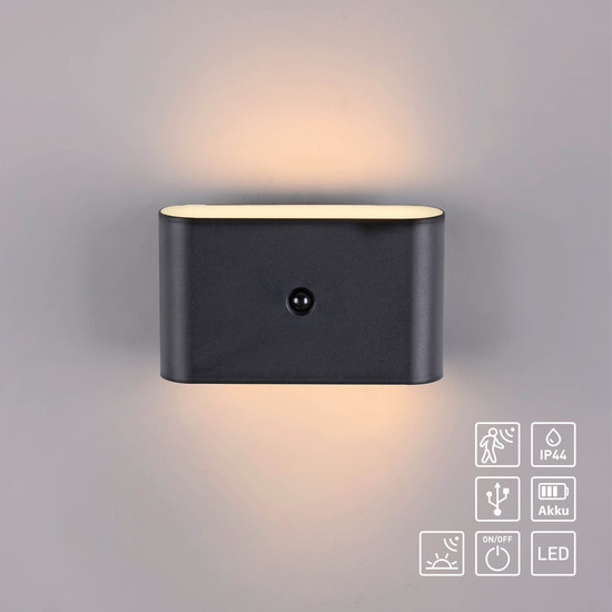 JUST LIGHT AKKU ZIDDY LED AKKU-Wandleuchte Warmweiss 3W 2-fach schwarz IP44 19475-18