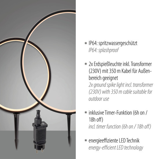 JUST LIGHT ZIRKULU LED Erdspießleuchte Warmweiss 19,5W 2-fach schwarz IP65 1951X-SET