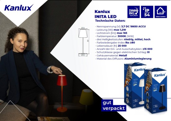 Kanlux 36321 INITA LED Akku Tischleuchte dimmbar Schwarz IP54