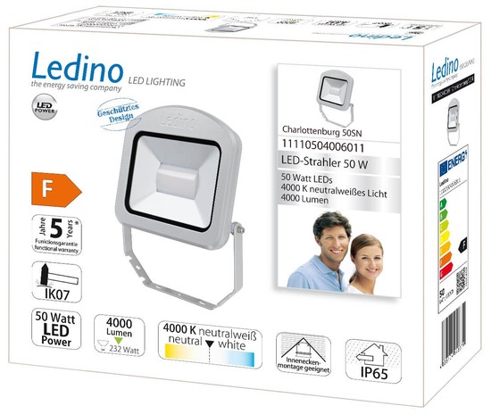 Ledino LED-Strahler Charlottenburg Spotlight, Fluter 50SN, 50W, 4000K, silber neutralweiss