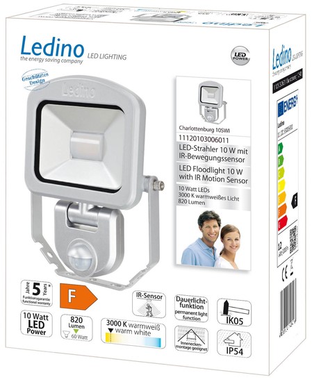 Ledino LED-Strahler mit Sensor PIR Fluter Charlottenburg 10SWI,10W, 3000K, silber warmweiss