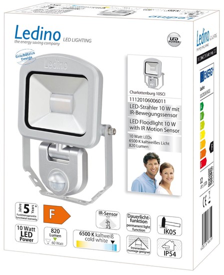 Ledino LED-Strahler mit Sensor PIR Fluter Charlottenburg 10SCI, 10W, 6500K, silber tageslichtweiss