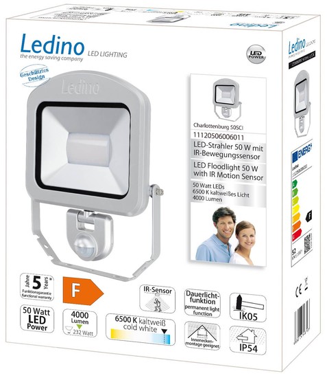 Ledino LED-Strahler mit Sensor Bewegungsmelder Charlottenburg 50SCI, 50W, 6500K, silber tageslichtweiss