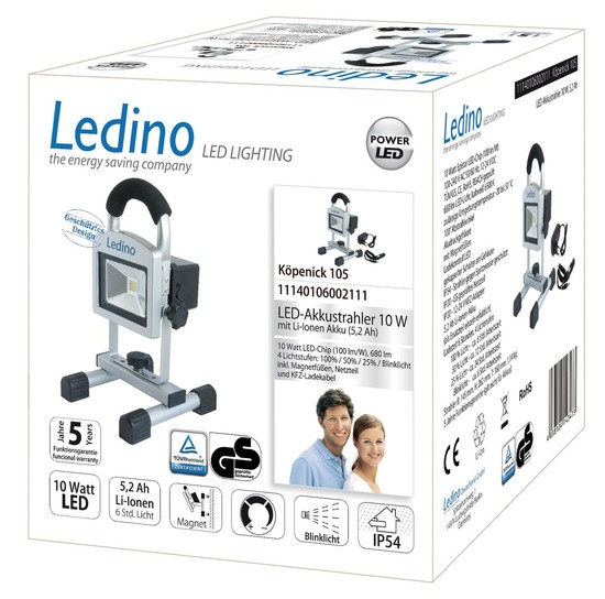 Ledino LED-Akkustrahler 10W tragbarer Baufluter Köpenick 105, 5,2 Ah, sillber tageslichtweiss