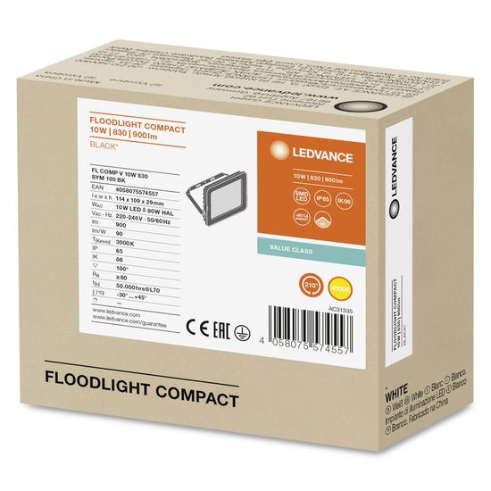 LEDVANCE FLOODLIGHT COMPACT Fluter 10W 830 SYM 100 schwarz 900lm 3000K warmweiss IP65 4058075574557